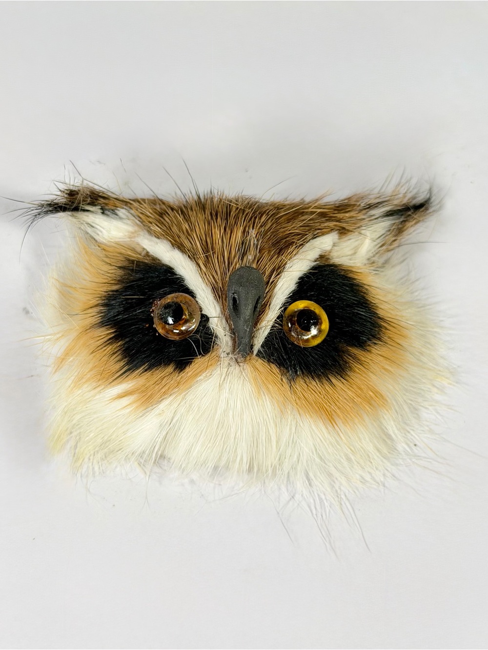 Vintage Faux Fur Owl Face Magnet Craft Applique Amber Eyes Novelty Animal